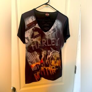 HARLEY DAVIDSON Vneck t-shirt Rhinestone Lake City Lake Placid NY size Large